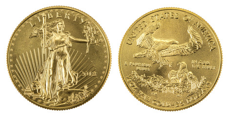 golden american eagle coins on white background