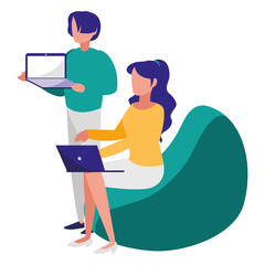 young couple workers in the sofa with laptop