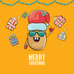 vector funky comic cartoon cute brown smiling santa claus potato with red santa hat, gifts and calligraphic merry christmas text isolated on orange background. vegetable funky christmas character