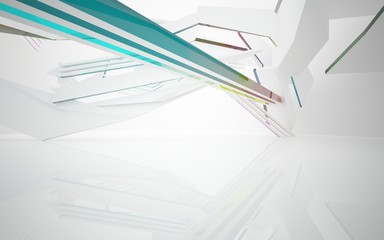 Abstract dynamic interior with colored glass smoth objects. 3D illustration and rendering