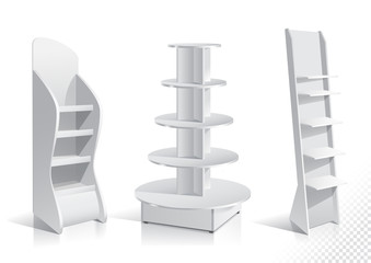 White Empty Displays With Shelves Products.Display on Isolated white background. Mock-up template ready for design. Product Packing Vector