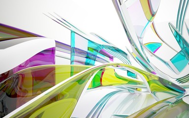 Abstract dynamic interior with colored glass smoth objects. 3D illustration and rendering