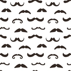 Seamless pattern with mustache on white background. Design elements in vintage, retro, hipster style.