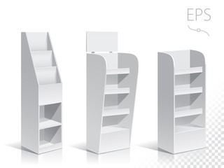 White Round POS POI Cardboard Floor Display Rack For Supermarket Blank Empty Displays With Shelves Products On White Background Isolated. Ready For Your Design. Product Packing