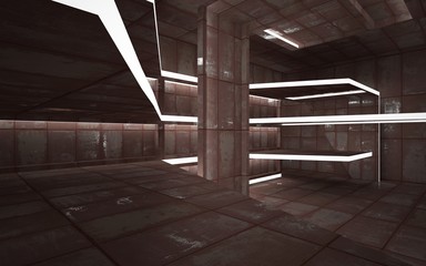 Empty abstract room interior of sheets rusted metal. Architectural background. 3D illustration and rendering