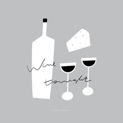 Flat wine bottle, glasses and cheese illustration. Wine party . Handwritten text