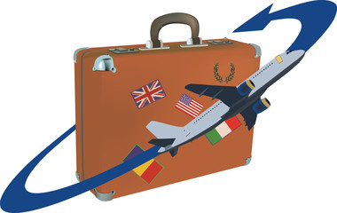valigia in pelle vecchia con aereo in viaggio