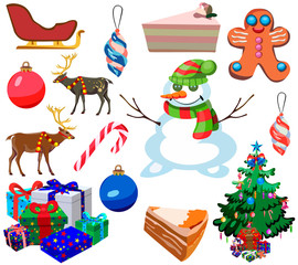 Set for happy Christmas and new year, cartoon icons and illustrations