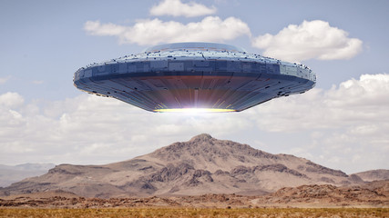 UFO, science fiction scene with alien spaceship, extraterrestrial visitors in flying saucer over landscape © dottedyeti