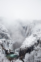 Plitvice lakes, National park in Croatia, during winter, covered with snow 