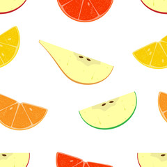 Slices of apple, orange, pear, grapefruit seamless pattern. Vector illustration set of fruits seamless pattern. Fruit set.