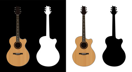 Acoustic Guitar illustration and Silhouettes on black and white backgrounds