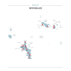 Seychelles vector map. Editable template with regions, cities, red pins and blue surface on white background. 