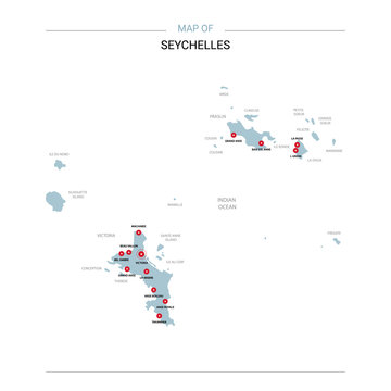 Seychelles vector map. Editable template with regions, cities, red pins and blue surface on white background. 