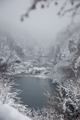 Plitvice lakes, National park in Croatia, during winter, covered with snow 
