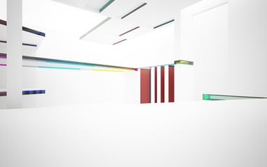Abstract white interior with colored gradient glossy lines. 3D illustration and rendering