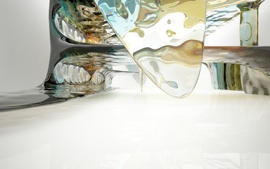 Abstract dynamic interior with brawn, yellow and blue glass smoth wave objects. 3D illustration and rendering