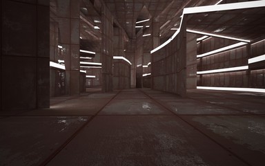 Empty abstract room interior of sheets rusted metal. Architectural background. 3D illustration and rendering