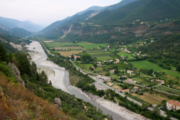 Valley of Var river, view from the castle in Entrevaux, France - obrazy, fototapety, plakaty