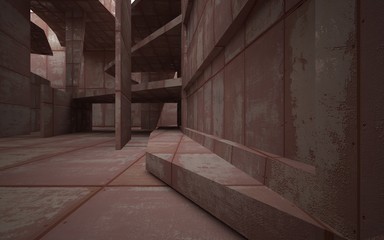 Empty abstract room interior of sheets rusted metal. Architectural background. 3D illustration and rendering