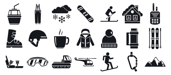 Mountain ski resort icon set. Simple set of mountain ski resort vector icons for web design on white background