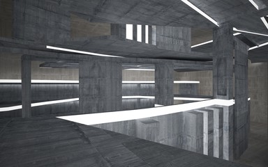 Empty dark abstract concrete room interior. Architectural background. Night view of the illuminated. 3D illustration and rendering
