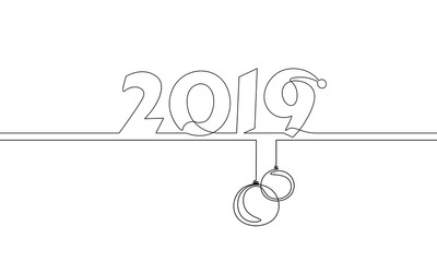 2019 New Year single continuous line art. Holiday greeting card headline decoration date numbers lettering silhouette concept design one sketch outline drawing white vector illustration