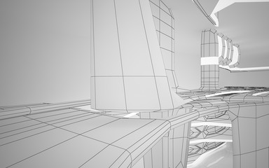 Abstract white interior highlights future. Polygon drawing. Architectural background. 3D illustration and rendering