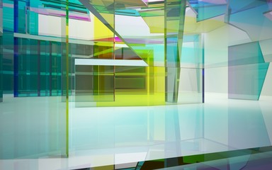 abstract architectural interior with gradient geometric glass sculpture with black lines. 3D illustration and rendering