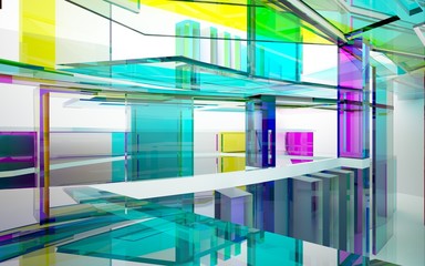 abstract architectural interior with gradient geometric glass sculpture with black lines. 3D illustration and rendering