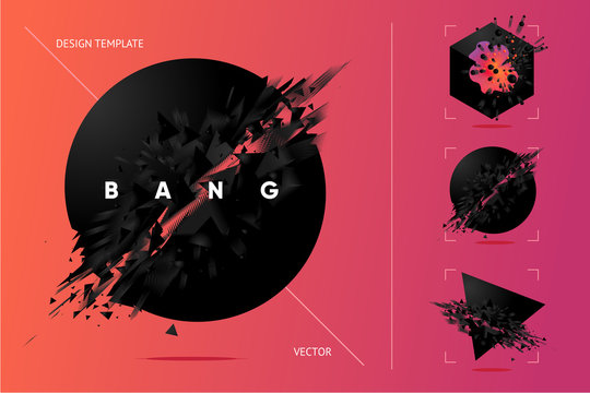 Abstract explosion shapes set with black particles. Bang futuristic design elements collection. Design templates.