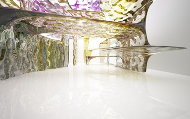 Abstract dynamic interior with colored glass smooth wave objects. 3D illustration and rendering