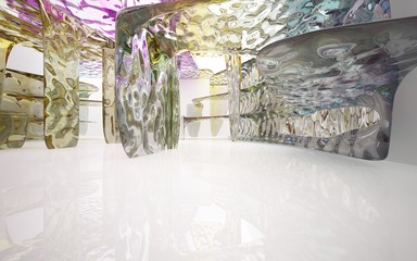 Abstract dynamic interior with colored glass smooth wave objects. 3D illustration and rendering
