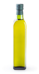 Olive oil in glass bottle isolated on white background with clipping path