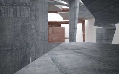 Empty abstract room interior of sheets rusted metal and gray concrete. Architectural background. 3D illustration and rendering