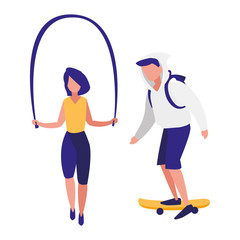 young couple practicing skateboarding