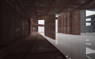 Empty abstract room interior of sheets rusted metal and gray concrete. Architectural background. 3D illustration and rendering