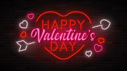 Happy Valentine's Day neon background. Color card design with 3d glowing neon letters, arrow and hearts. Vector illustration with light banner.