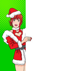 smiling santa woman standing and showing big empty space banner