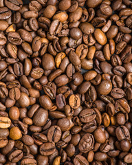 coffee beans (good and bad grain) - arabica and robusta blend (roasted coffee grain). Black background. Top view . Copy space.