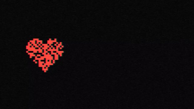Three Pixel Art Red Hearts in Retro Style. Game Life Bar Bad TV Screen Animation 4K Background. Like Social Media Icon Concept Motion Graphics.