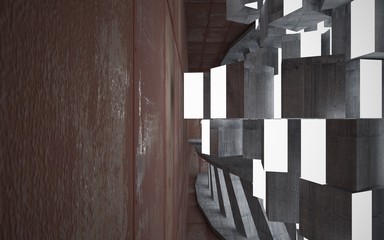 Empty abstract room interior of sheets rusted metal and gray concrete. Architectural background. 3D illustration and rendering