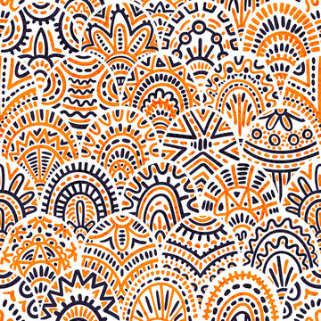 Seamless vintage seigaiha pattern. Ethnic and tribal motifs. Wavy print print for textiles. Grunge texture. White, blue and orange colors. Hand drawn waves in doodle style.