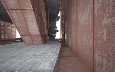 Empty abstract room interior of sheets rusted metal and gray concrete. Architectural background. 3D illustration and rendering