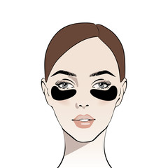 Woman with black eye patch. Beauty treatment. Skin care routine. Beautiful young woman face. Fashion woman. Stylish portrait beautiful young girl model. Sketch. Vector illustration. Spa beauty concept