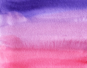 Abstract watercolor background. Saturated  gradient from blue to pink. Hand drawn on a textured paper.