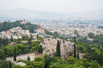 Fototapeta na wymiar Aerial view on Areopagus Hill and Athens National Observatory.