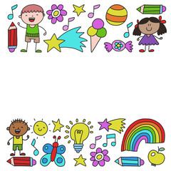 Naklejka premium Children garden, Patern, Hand drawn children garden elements pattern, doodle illustration, Vector, illustration, Vertical