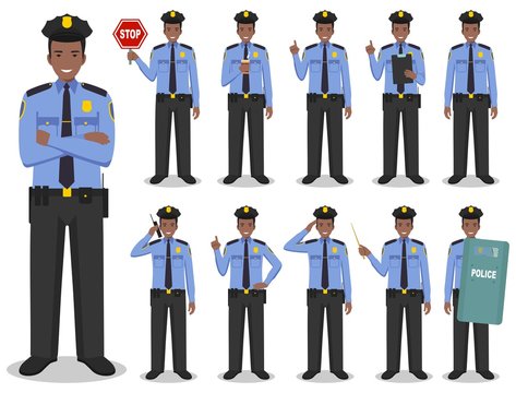 Police people concept. Detailed illustration of african american policeman standing in different poses in flat style isolated on white background. Vector illustration.