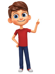 Character cartoon boy points his finger at an empty space. 3d rendering. Illustration for advertising.
